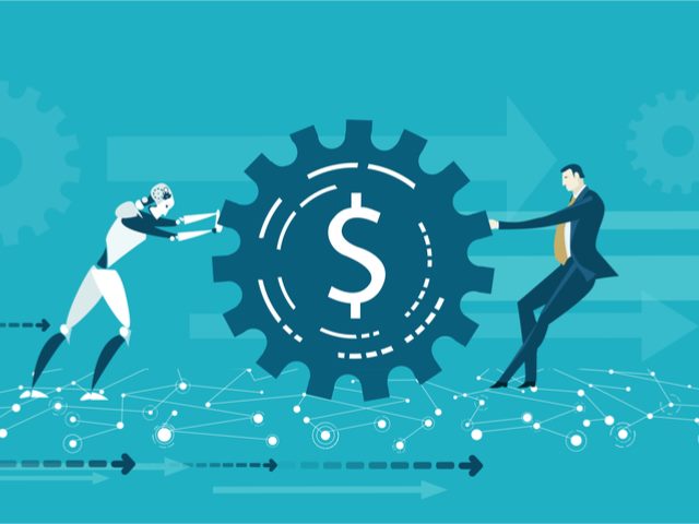 Artificial intelligence robot helping an office worker control costs