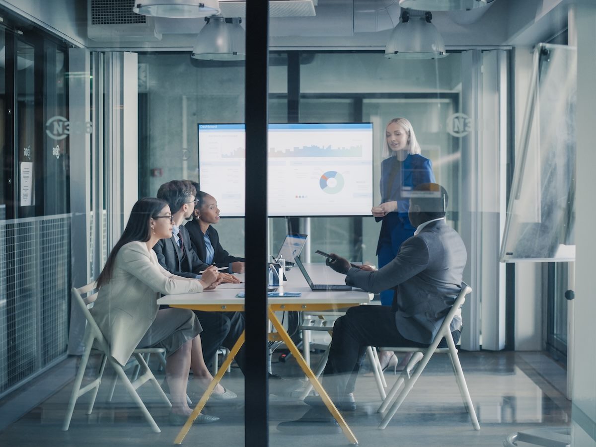 A business meeting in an office setting