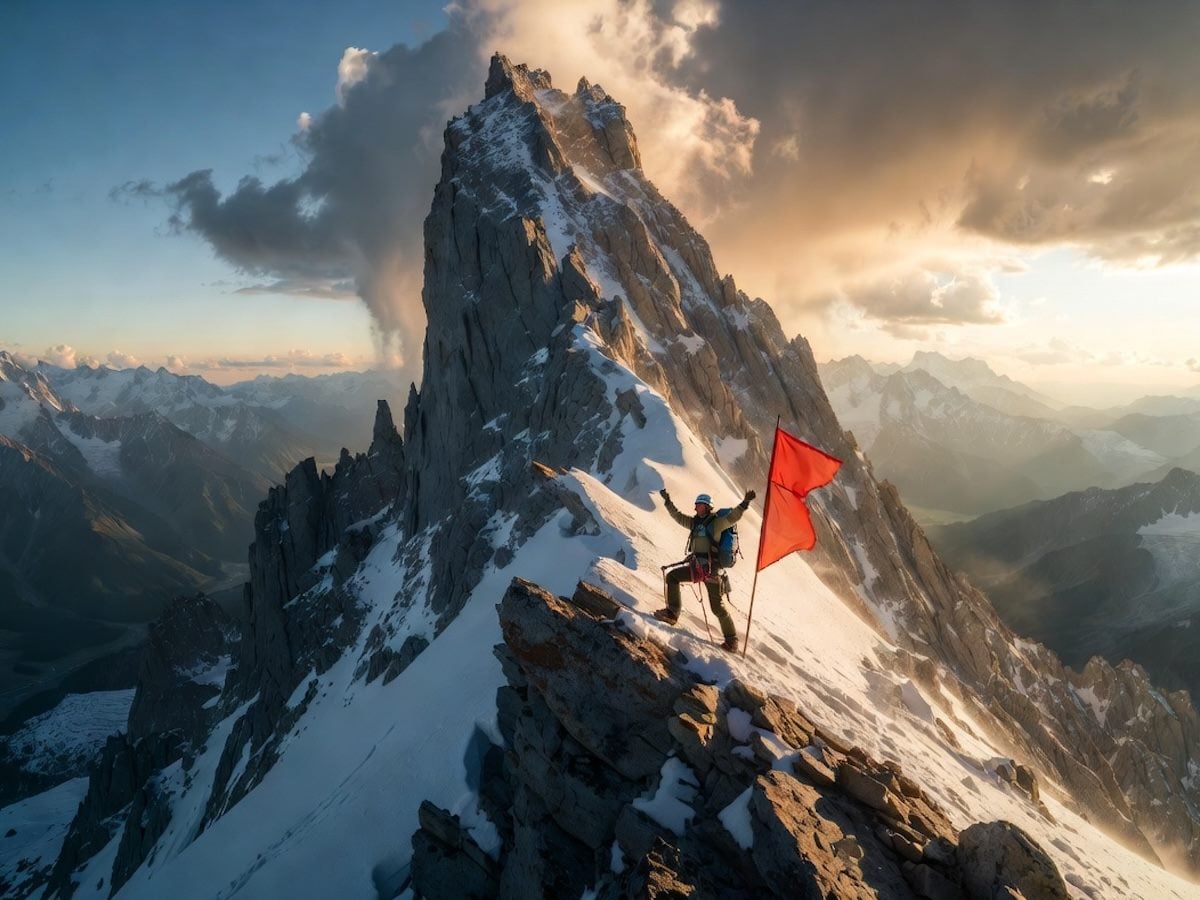 A person planting a flag below a mountain summiit