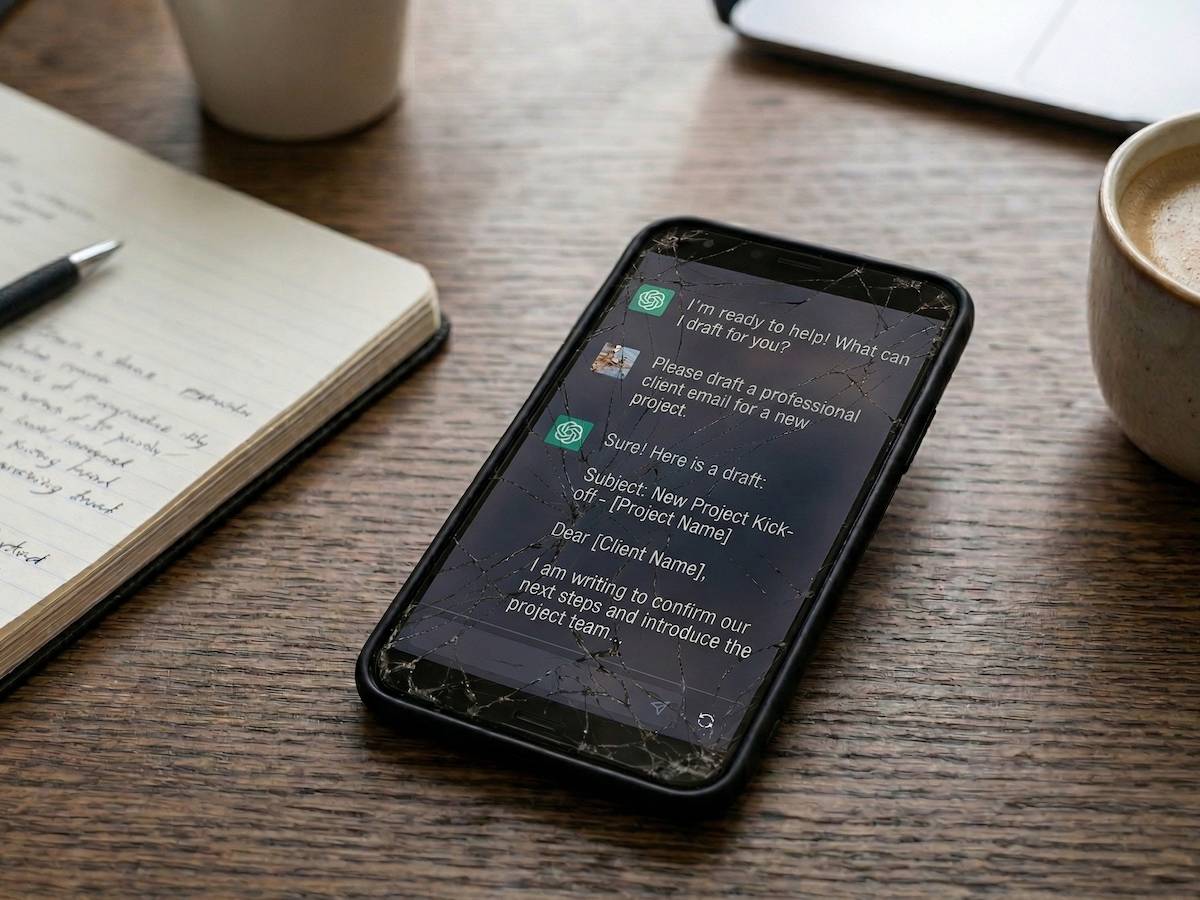 A cracked smartphone screen displaying messages between a user and ChatGPT