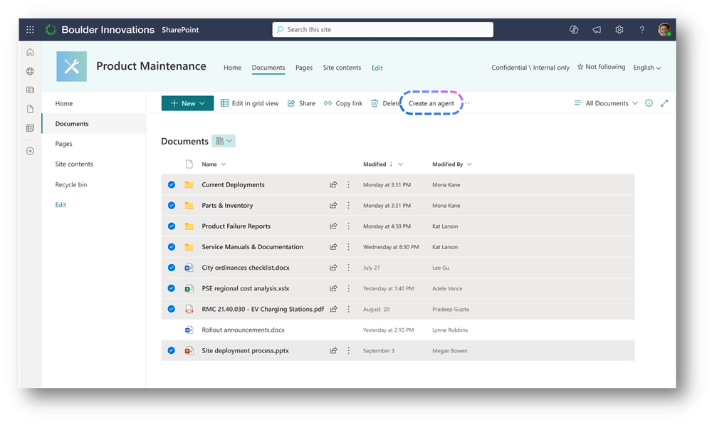 example of a SharePoint agent in action. Scenario is one where it acts as a support system for product maintenance