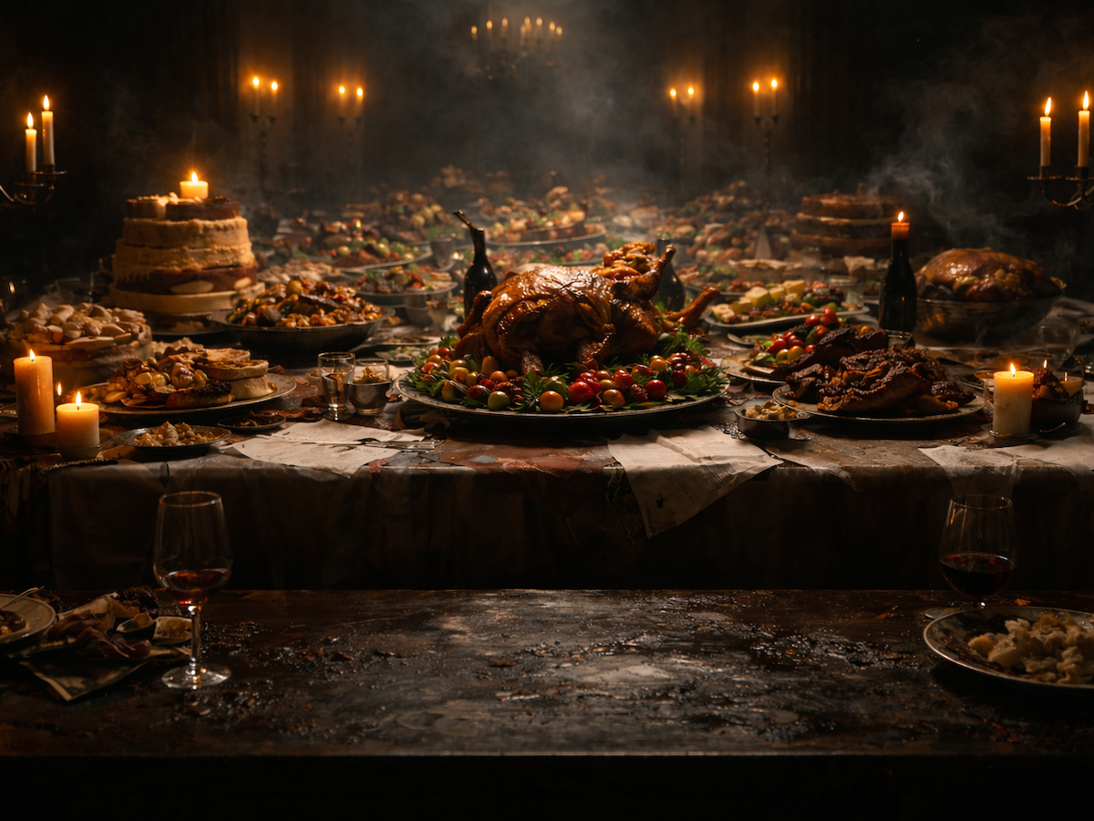 A king's feast featuring a turkey, wine and food surrounded by lit candles