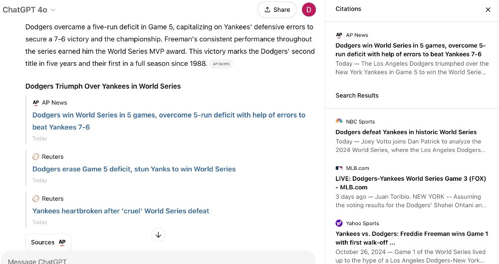 Screenshot of the new ChatGPT Search user interface showing text and links as a result of a search for "Yankees Dodgers"