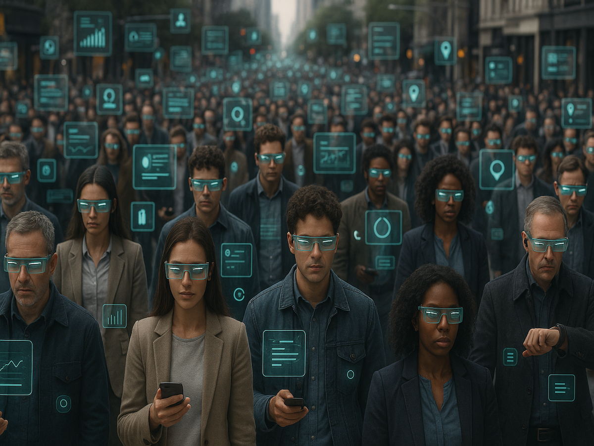A crowd of people using wearable AI technology