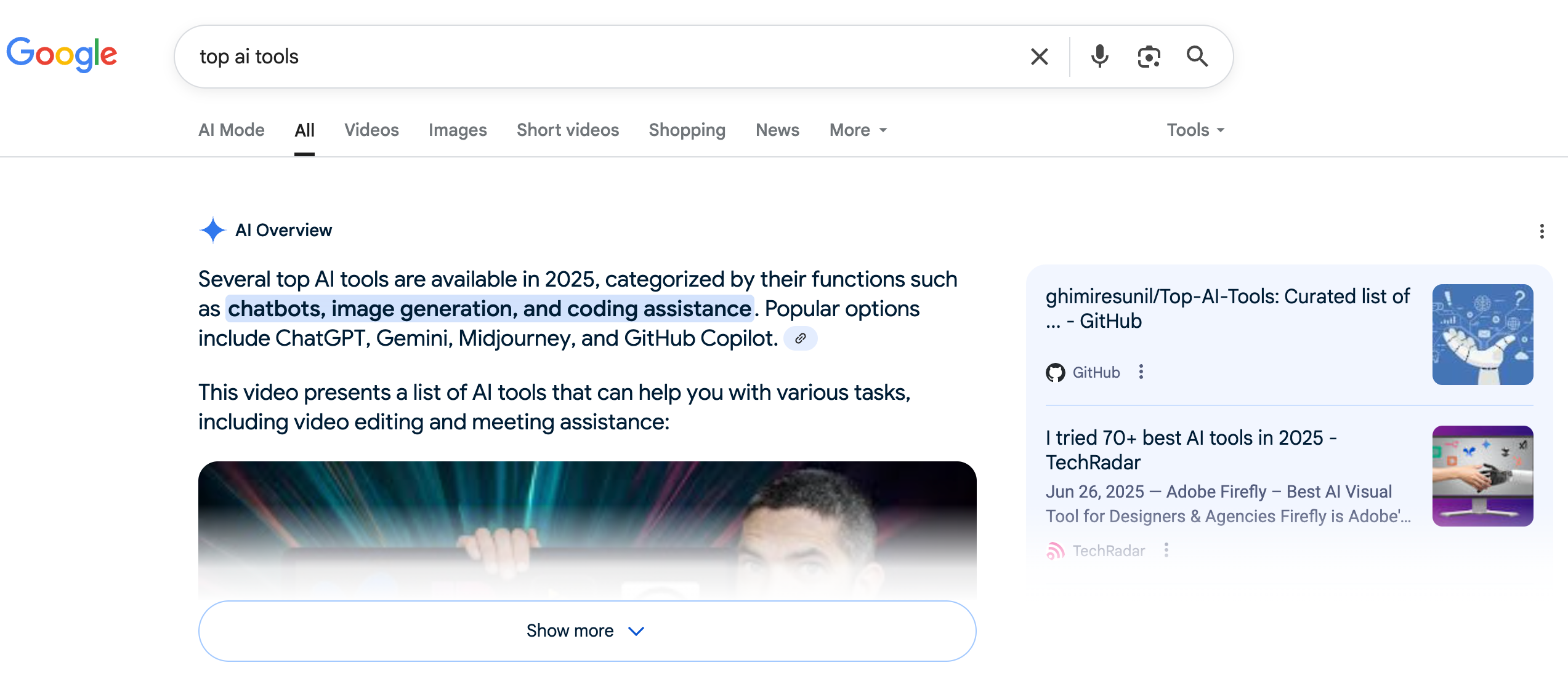 Google's AI Overview appearing for a search on "AI Tools"