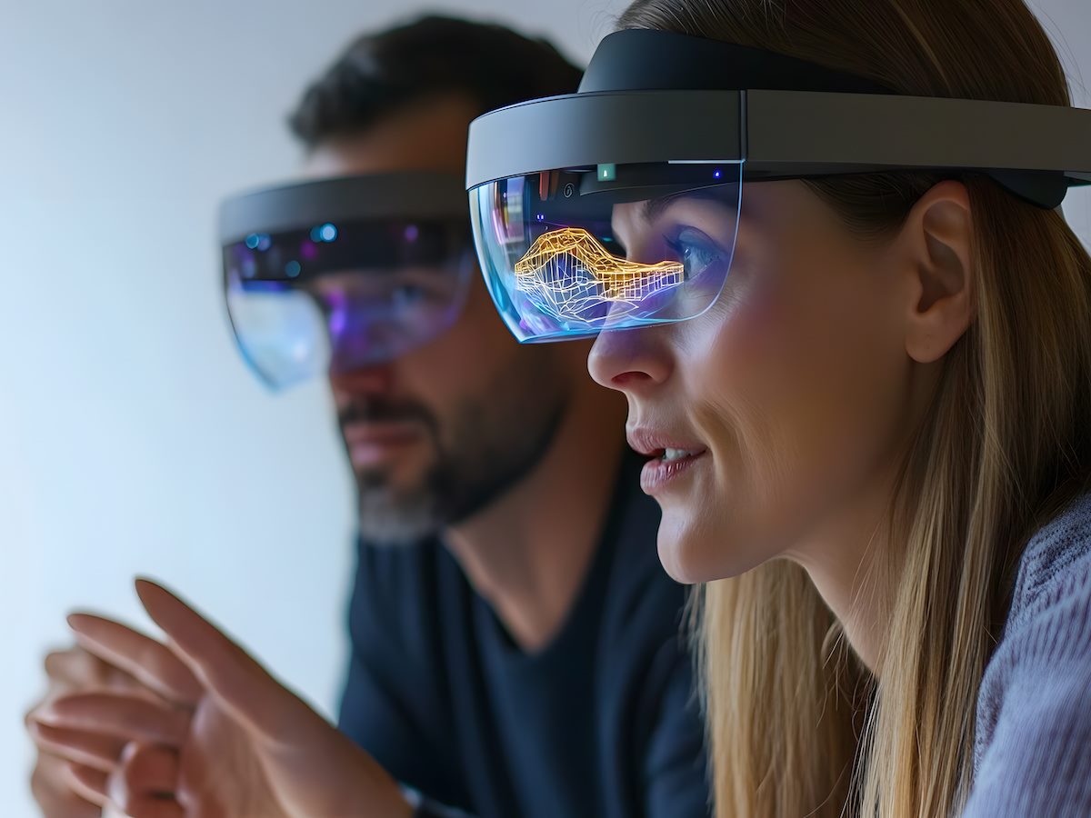 Two colleagues wearing augmented reality glasses