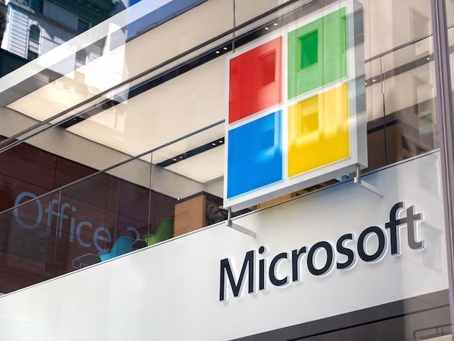 Microsoft logo on flagship store in NYC, 2019