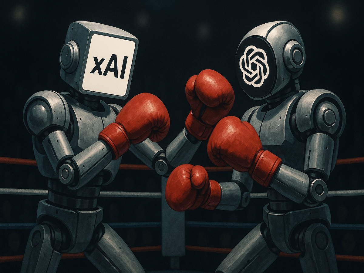 Two robots boxing in a boxing ring, one with the OpenAI logo on its face, the other with the xAI logo on its face