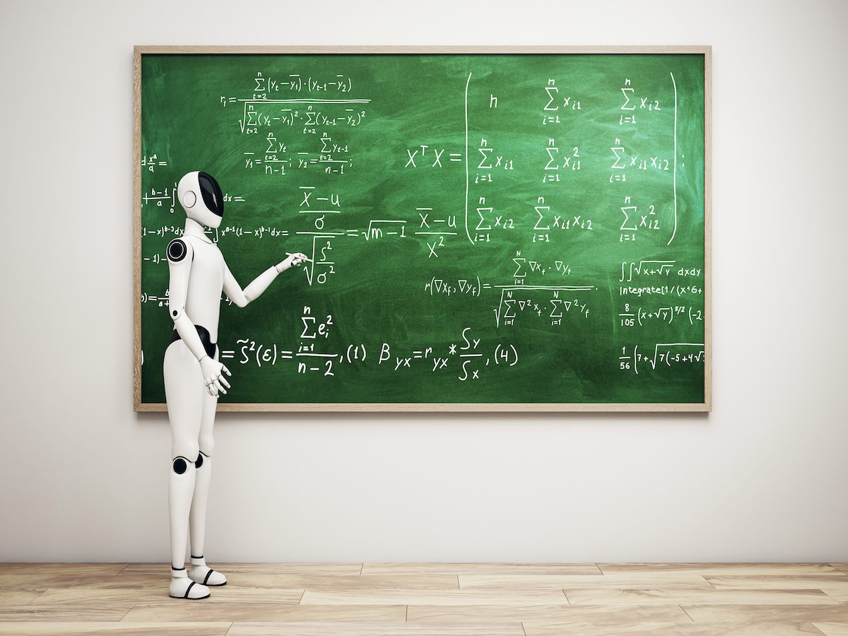 Futuristic humanoid robot solving complex math equations on chalkboard in classroom setting