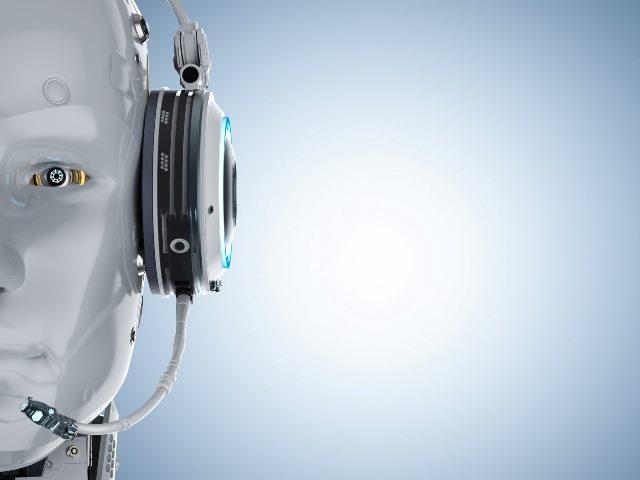 Half of a whit3e robot wearing a headset and with a distinctive eye with an flower shaped iris encircled with gold is visible on the left, with  and blue and white background. in the center and right. 