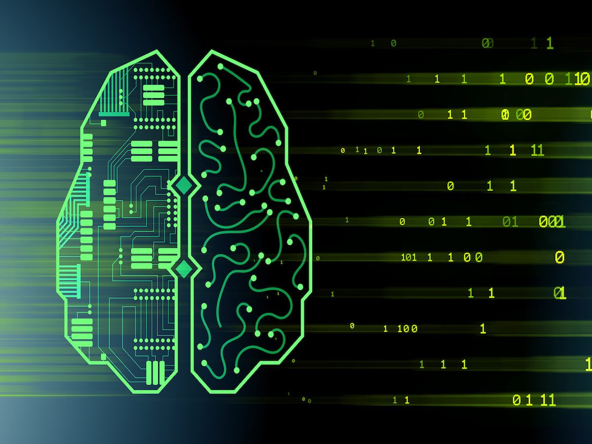 An illustration of a brain made with circuitry surrounded by 1s and 0s