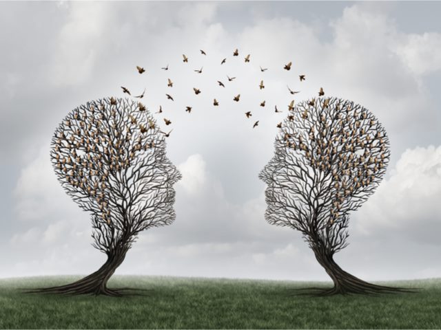 two head-shaped trees exchanging bird flocks - communication concept