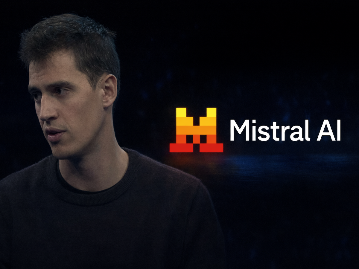 Mistral logo next to CEO Arthur Mensch