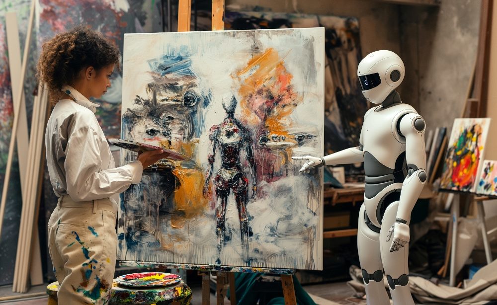 A young artist, covered in paint splatters, collaborates with a humanoid robot on an abstract painting in a vibrant studio, symbolizing the fusion of creativity and technology in marketing personalization. The robot appears to be providing input or guidance, highlighting the integration of AI in creating personalized marketing experiences.