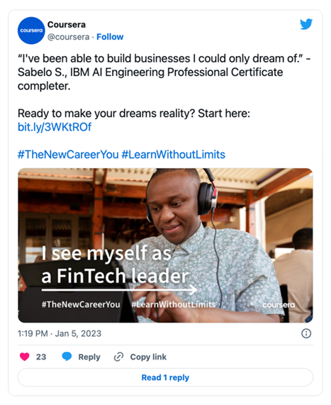 Tweet from Coursera on IBM's AI Engineering professional certificate program.