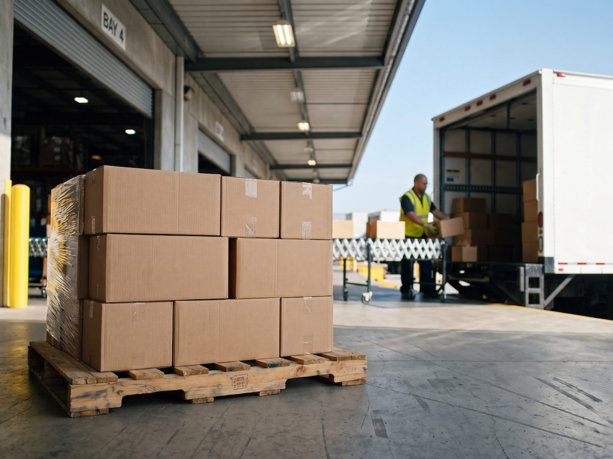 Warehouse worker loading cardboard boxes onto a delivery truck at a distribution center