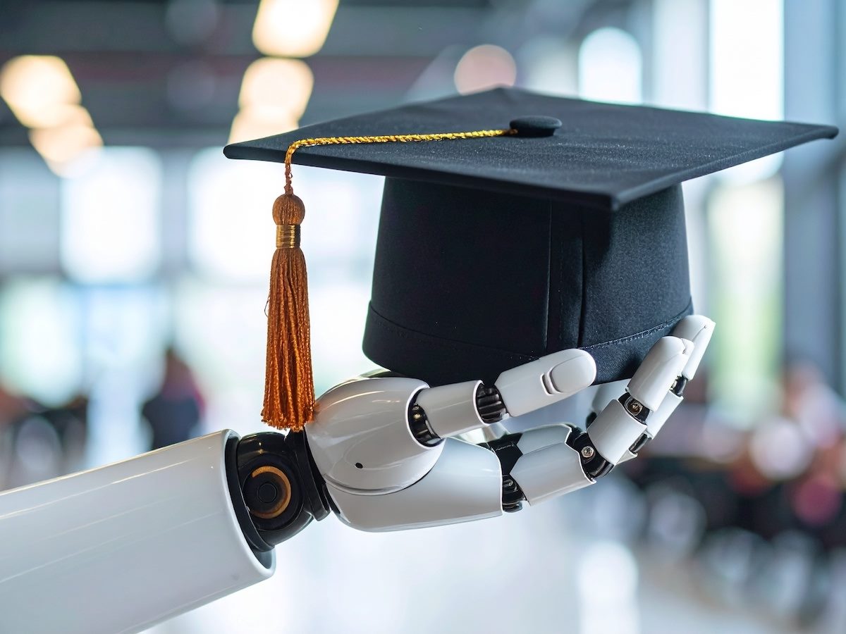 Robot hand holding a graduation cap