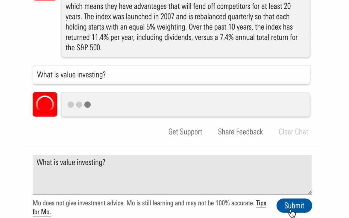 Morningstar's Mo, one of many prompt-tuned AI chatbots.