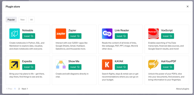 Browse and download ChatGPT plugins from the plugin store.
