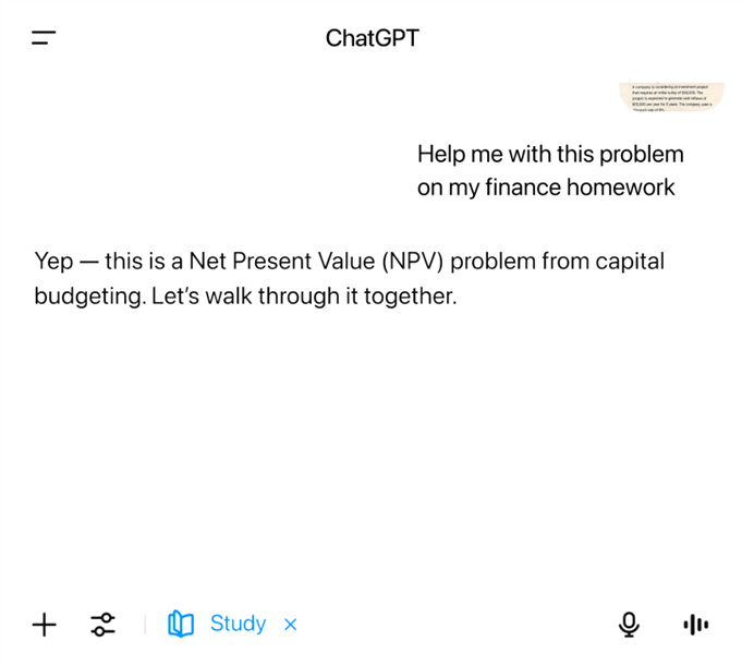 An example of working through finance homework with ChatGPT Study Mode