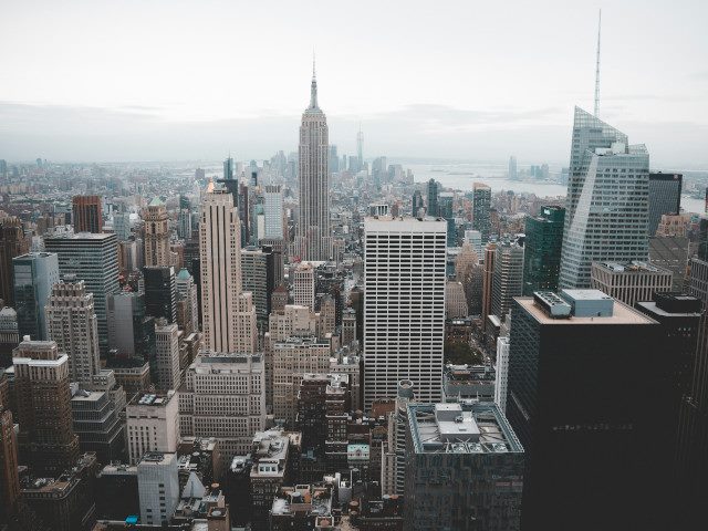 An aerial shot of part of New York City's skyline.