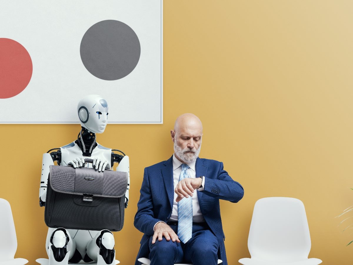 Man and AI robot waiting for a job interview.