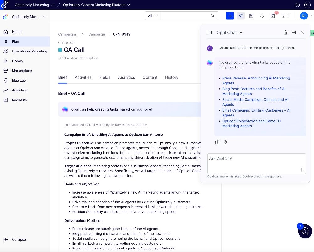 Screenshot: Example of accessing agents via Opal to create multiple tasks as part of an entire Campaign. This is about leveraging AI in workflow / content supply chain with context built-in, rather than just simply write content / create image.