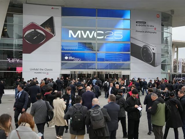 People gathered outside the venue that hosts Mobile World Congress in Barcelona.