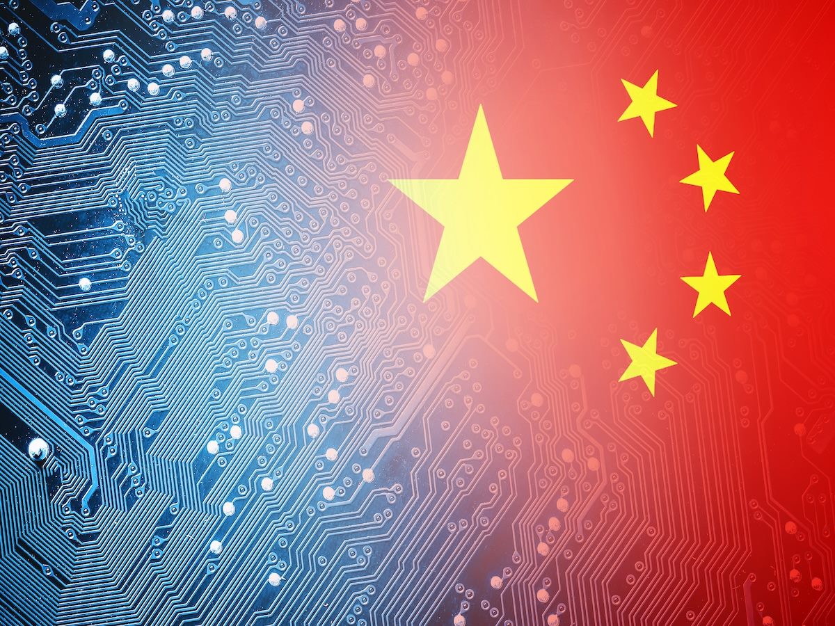 Chinese flag blended with circuitry imagery 