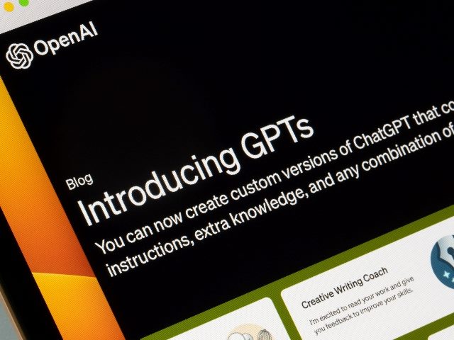 Webpage of introduction to GPTs is seen on the corporate website of OpenAI on a computer. GPTs are a new way for anyone to create a tailored version of ChatGPT.