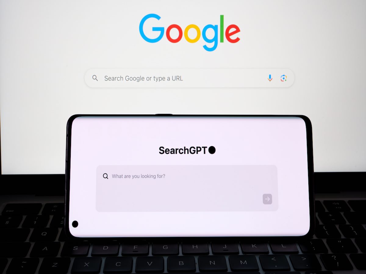 SearchGPT on a phone in front of Google on a desktop