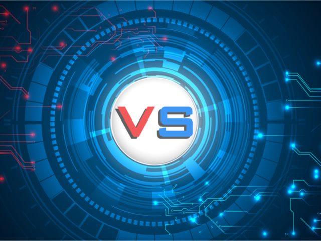 Artificial intelligence vs algorithms, a digital technology concept background with the word versus in the middle