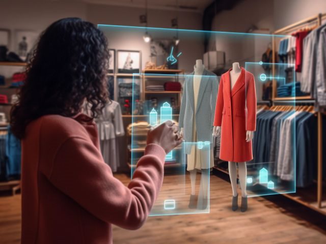 A customer using AI and AR to explore ecommerce products in a shop. 