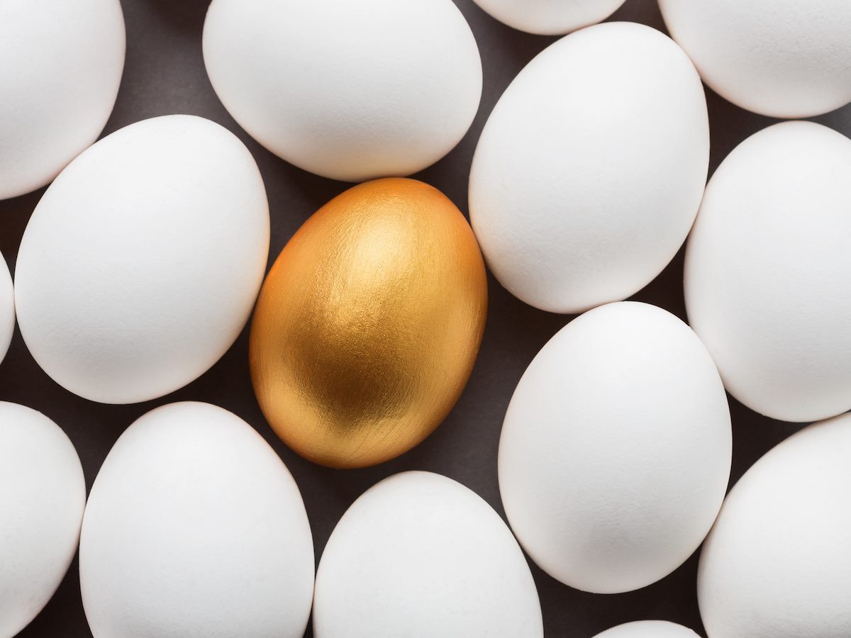 One golden egg between group of white eggs