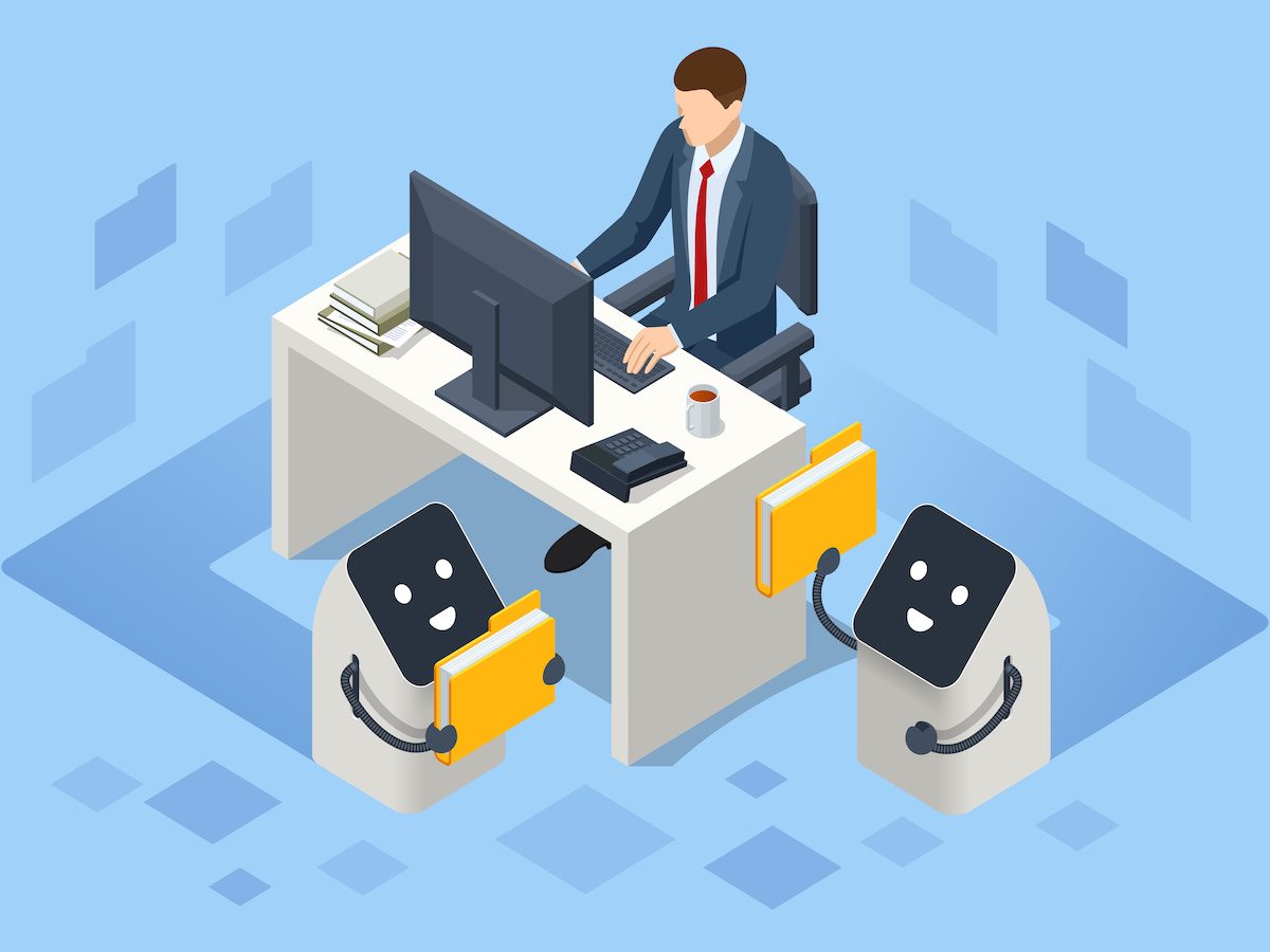 Two robots with file folders helping a business man sitting at a desk 