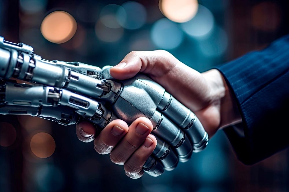 Handshake between robot and human businessman wearing a blue pinstripe suit, partners or friends, suggestion the need for adoption of philosophies for AI in businesss