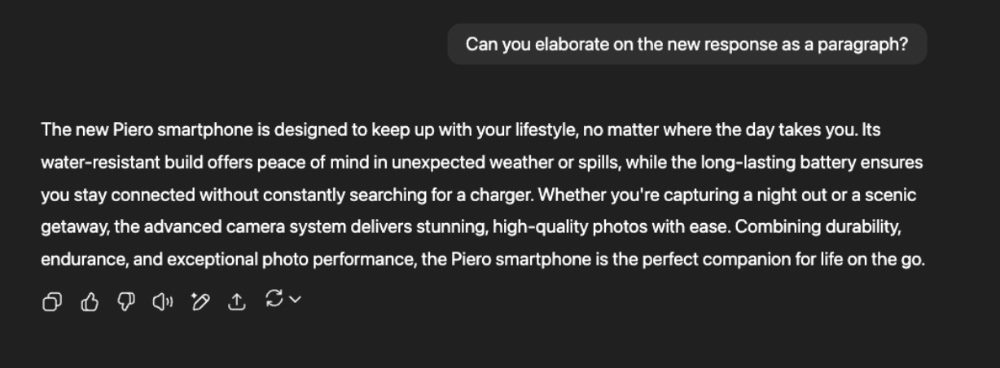 Screenshot of a ChatGPT response elaborating on a previous prompt about the Piero smartphone. The response emphasizes its water resistance, long-lasting battery, and advanced camera system, describing the device as ideal for life on the go.
