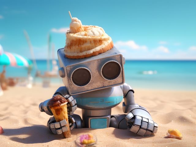 Robot on the beach eating an ice cream, representing generative AI eating customer service jobs. 