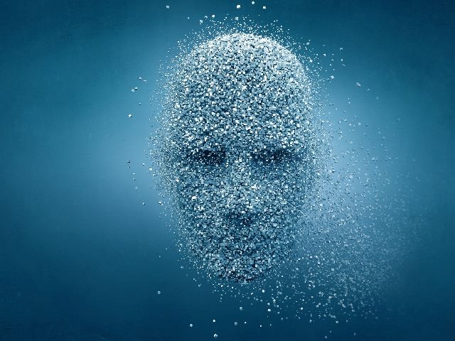A mixed media face composed of white and blue dots against a blue background suggesting future generative AI technologies