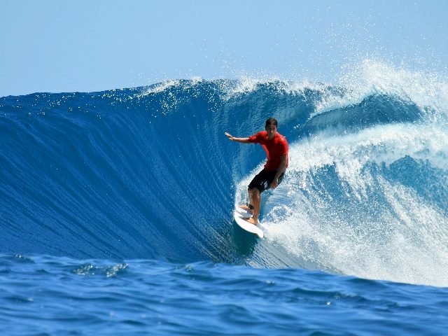  A surfer, dressed in a red shirt, is skillfully riding a large, powerful blue wave in the ocean. The sun is shining brightly, and the water around the surfer is spraying dynamically as he balances and maneuvers his board along the curve of the wave. The scene captures a moment of action and excitement in the clear, deep blue waters under a clear sky in piece about artificial general intelligence and AI inference.