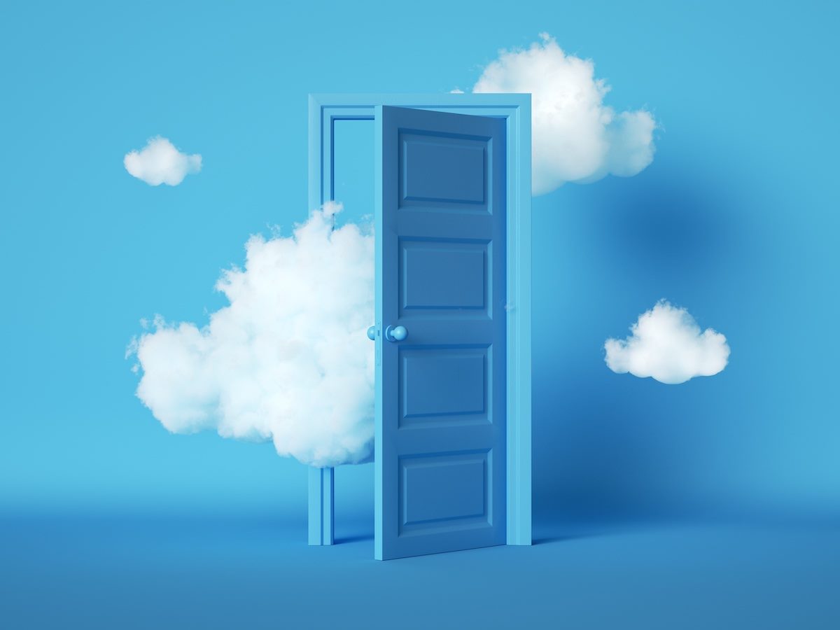 white fluffy clouds going through, flying out, open door