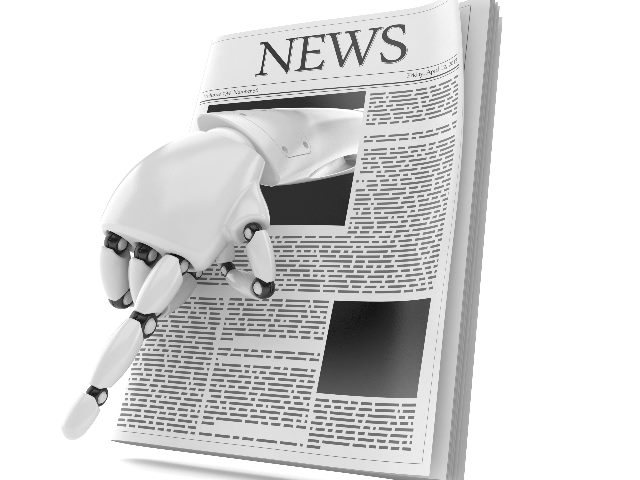 A newspaper on a white background with a robot hand descending from the pages, suggesting the impact of AI on news advertising and brand safety concerns. 
