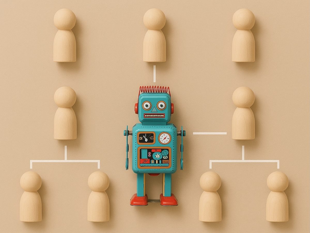 an org chart with a toy robot right smack dab in the middle