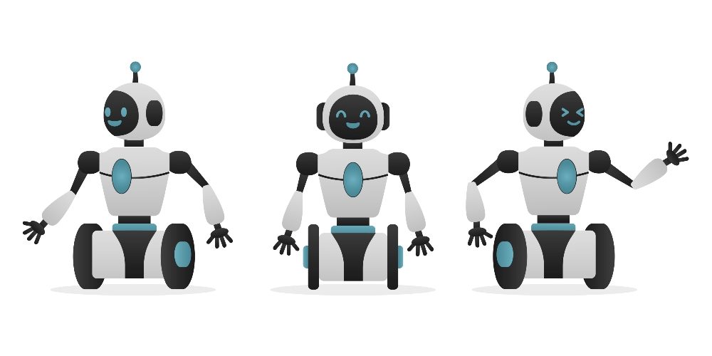 Set of three cute blue, white and black AI characters or chatbots in piece about AI in CX dialogues.