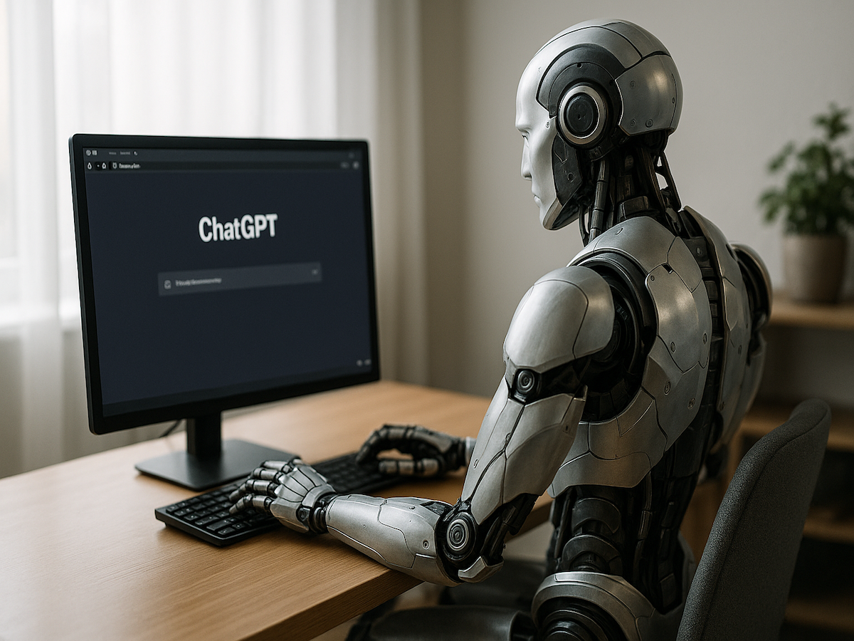 A robot sitting at a desk with a computer with ChatGPT pulled up on the screen