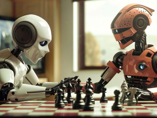 Two robots playing chess in a living room, in an imaged generated by AI.