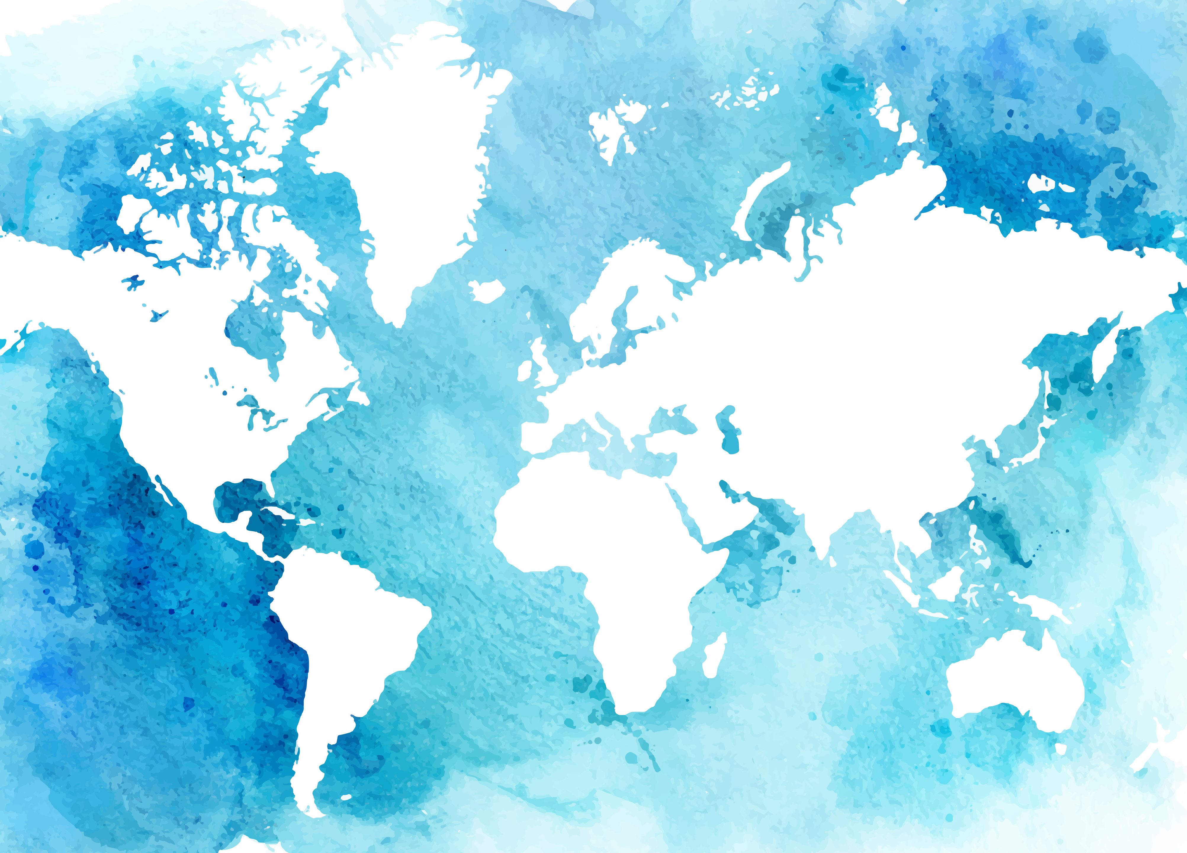 Watercolor map of the world - only the oceans colored in and land left blank