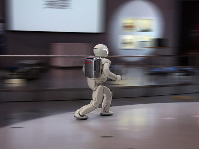 robot suit running away