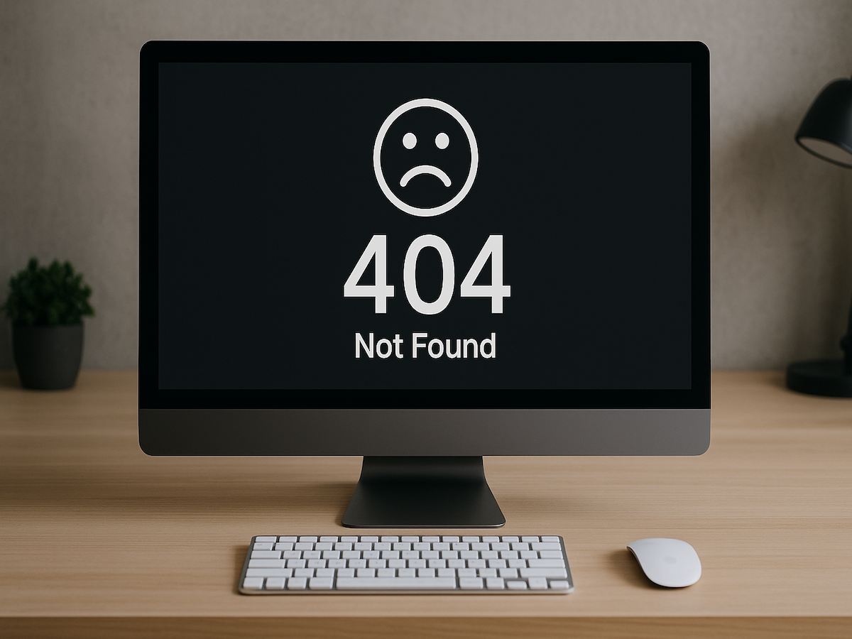 A computer displaying a broken, 404ing webpage
