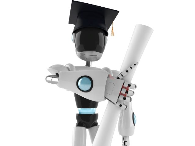A white robot with blue and black accents and no face wears a black graduation mortarboard cap with a gold tassel and holds a rolled certificate. 